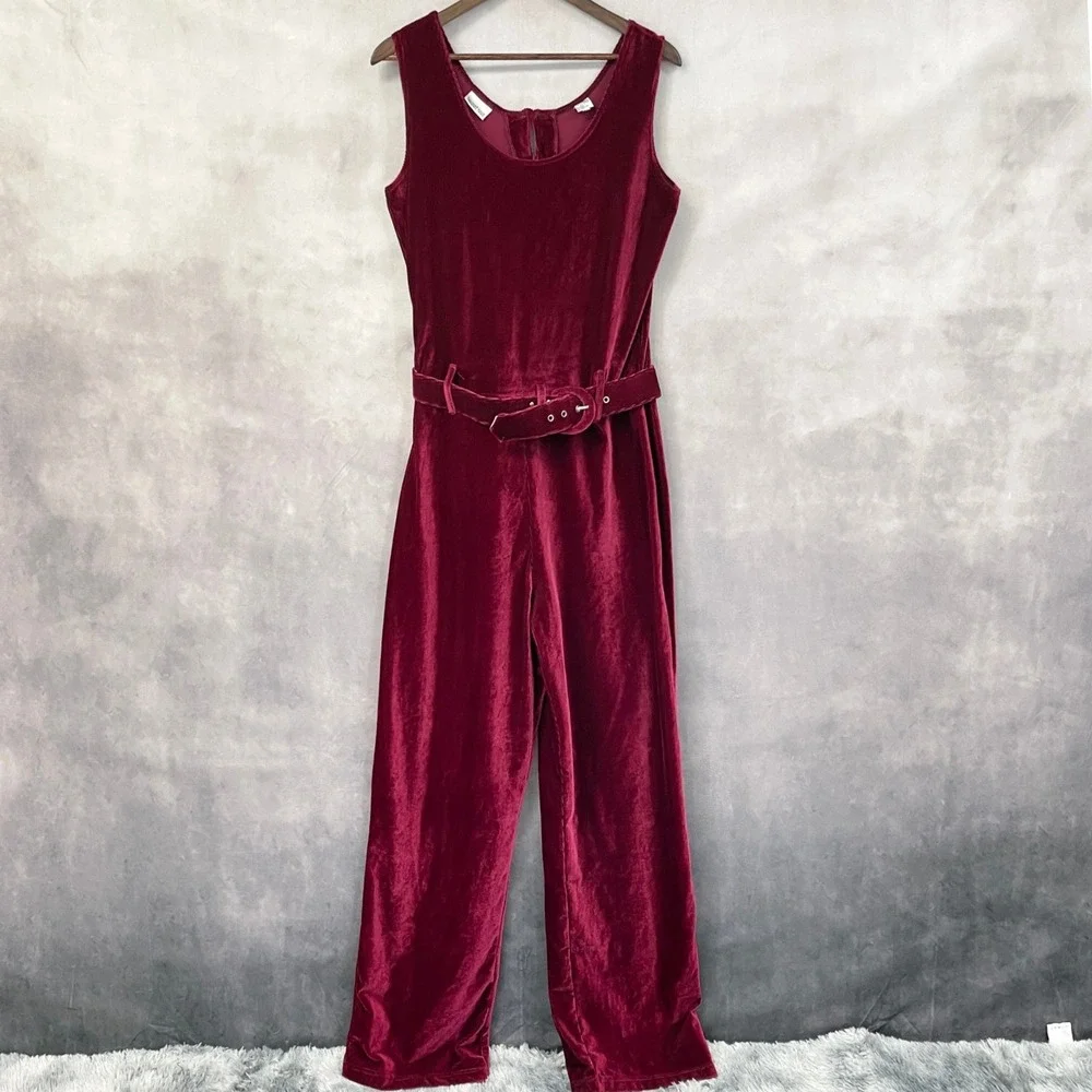 Vintage Newport News Jumpsuit Women Large Red Velvet Ribbed Stretch Minimalist